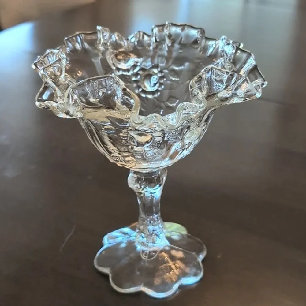 Vintage Fenton Glass Floral Crimped Ruffle Edge Compote Pedestal Candy Dish